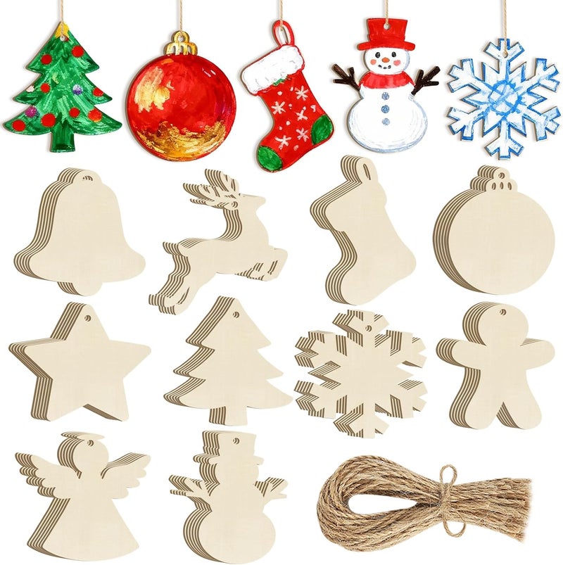 Sophena 80PCS Wooden Christmas Ornaments to Paint, 8 Styles DIY Blank Unfinished Wood Reindeer Santa Claus Christmas Tree Ball Snowman Snowflake Angel Cutouts Ornament for Crafts Winter Hanging Decorations - Image 1